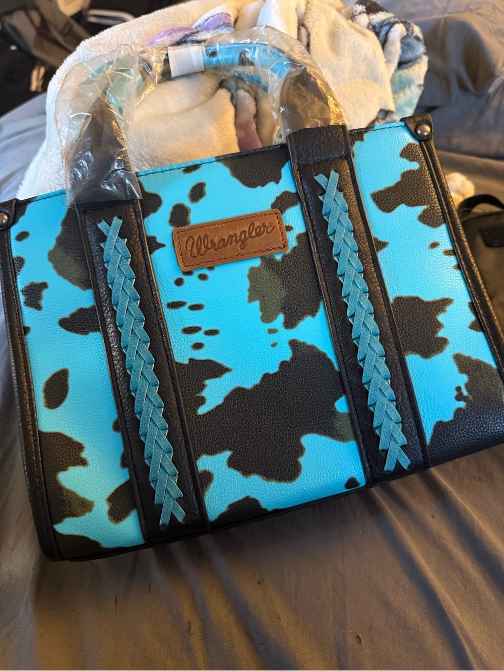 Wrangler Turquoise and Black Cowhide-Print Tote with Braided Trim